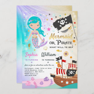 Mermaid Pirate Birthday Invitation Siblings Party Kaart