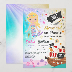 Mermaid Pirate Birthday Invitation Siblings Party Kaart
