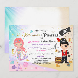 Mermaid Pirate Birthday Invitation Siblings Party Kaart