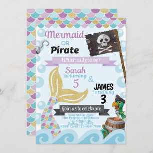 Mermaid Pirate Birthday Party Invitation Invite Kaart