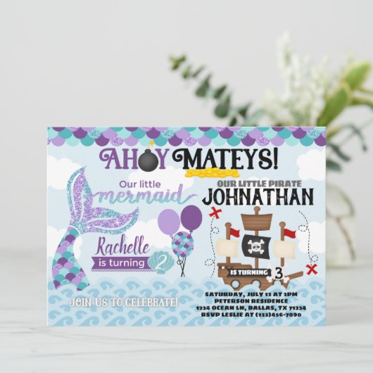 Mermaid Pirate Birthday Party Invitation Kaart (Staand voorkant)