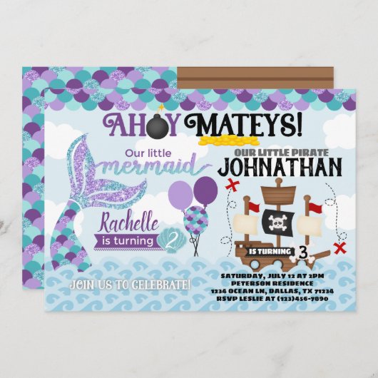 Mermaid Pirate Birthday Party Invitation Kaart (Voorkant / Achterkant)
