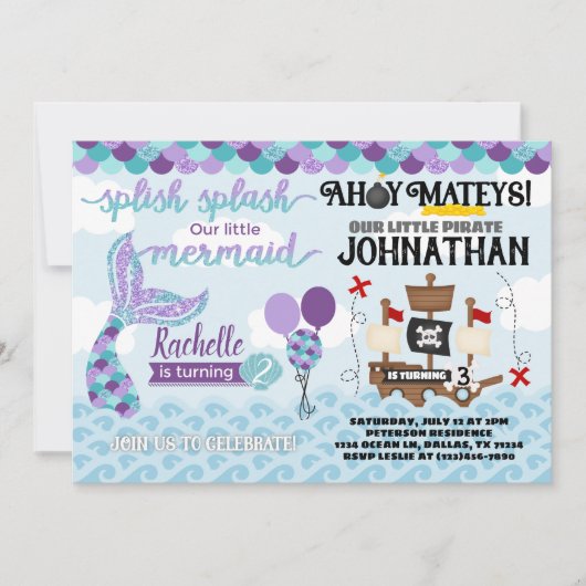 Mermaid Pirate Birthday Party Invitation Kaart (Voorkant)