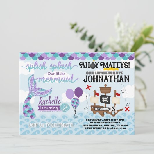 Mermaid Pirate Birthday Party Invitation Kaart (Staand voorkant)