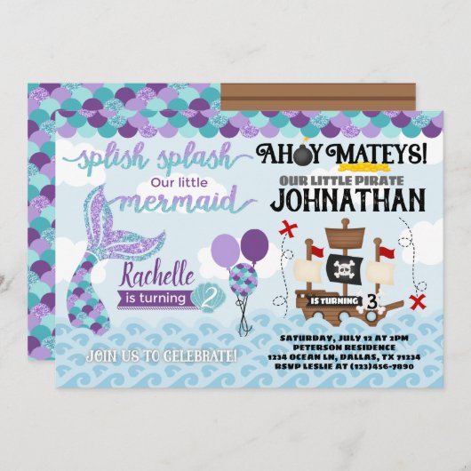 Mermaid Pirate Birthday Party Invitation Kaart (Voorkant / Achterkant)