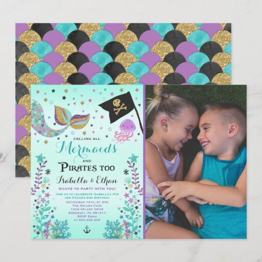 Mermaid & Pirate Birthday Sibling Boy Girl Invite Kaart (Voorkant / Achterkant)
