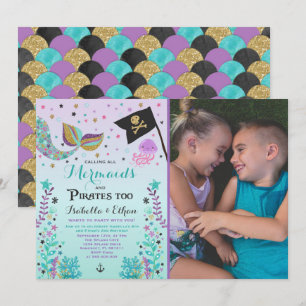 Mermaid & Pirate Birthday Sibling Boy Girl Invite Kaart