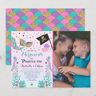 Mermaid & Pirate Birthday Sibling Boy Girl Invite Kaart