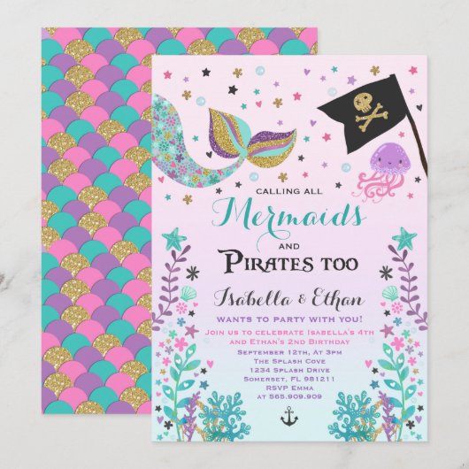 Mermaid & Pirate Birthday Sibling Boy Girl Invite Kaart (Voorkant / Achterkant)