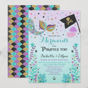 Mermaid & Pirate Birthday Sibling Boy Girl Invite Kaart