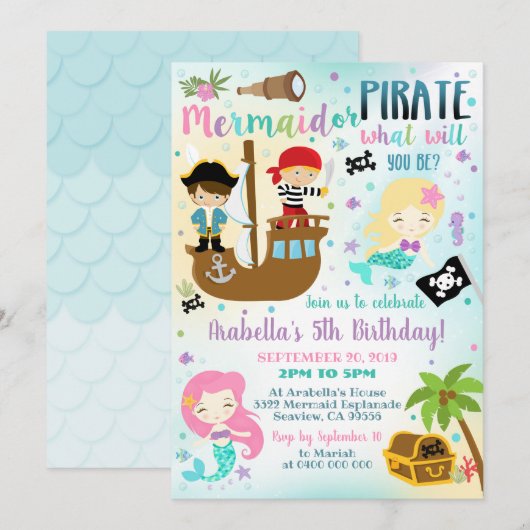 Mermaid Pirate Invitation Boy Girl Invitation Kaart (Voorkant / Achterkant)