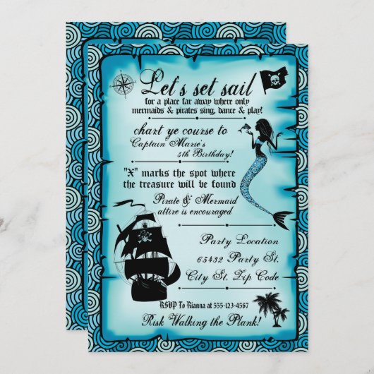 Mermaid, Pirate Party Invitations Kaart (Voorkant / Achterkant)