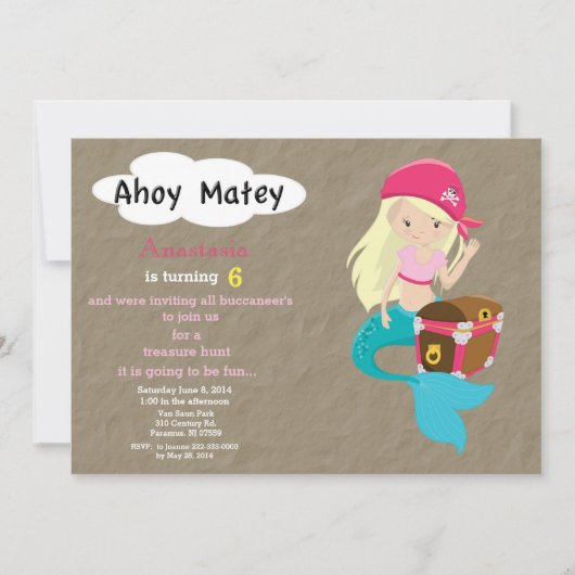 Mermaid Pirate Treasure Hunt Birthday Invitation Kaart (Voorkant)