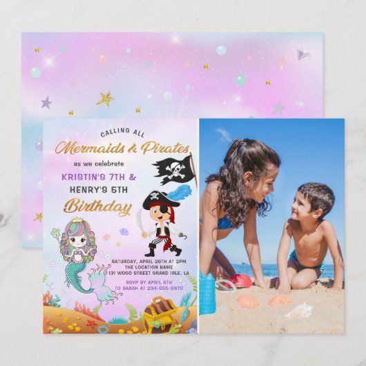 Mermaid & Pirate under the Zee Birthday Foto Kaart (Voorkant / Achterkant)