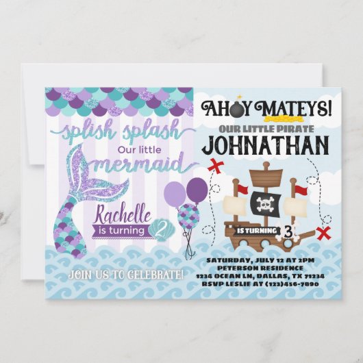 Mermaid Pirate verjaardagsfeestje uitnodiging (Voorkant)