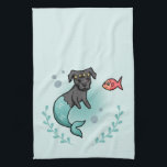 Mermaid Pit Bull Theedoek<br><div class="desc">Dit is een vectorillustratie van een zeemeerminnende stier en haar kleine visvriendin. De zeemeerminnende hond heeft een sterkroon op haar hoofd. Er is een zeewier aan de onderkant.</div>