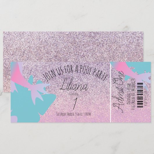 Mermaid Pool Faux Glitter Birthday Ticket Party Kaart (Voorkant / Achterkant)