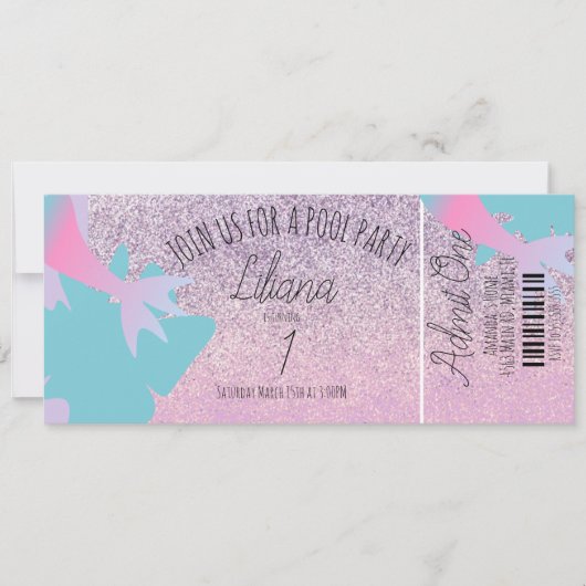 Mermaid Pool Faux Glitter Birthday Ticket Party Kaart (Voorkant)