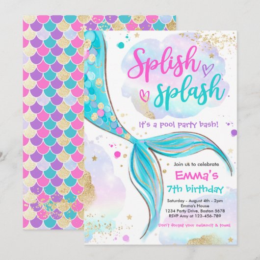 Mermaid Pool Party Pink Mermaid under Zee Kaart (Voorkant / Achterkant)