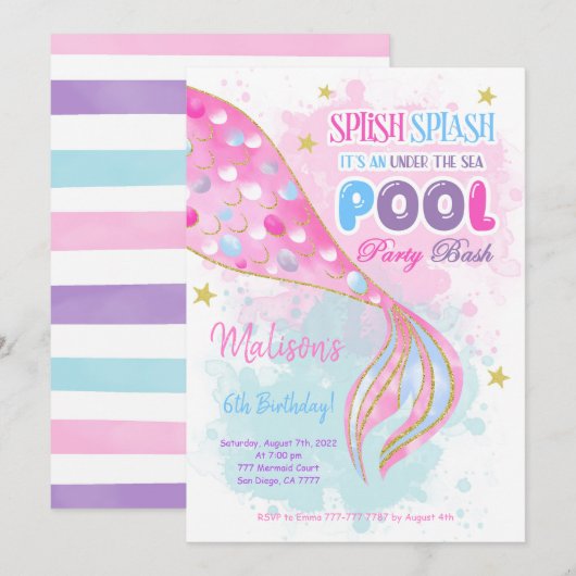 Mermaid & Pool uitnodiging voor kinderen (Voorkant / Achterkant)