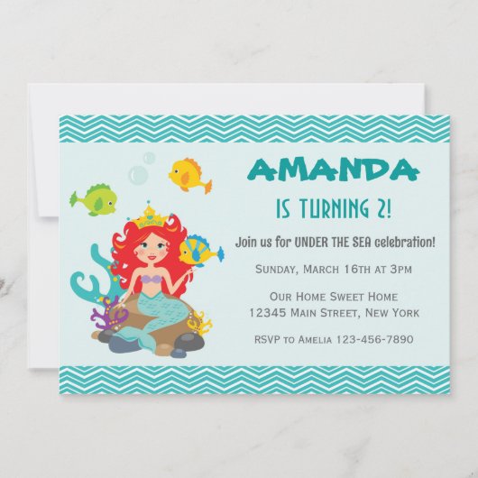 Mermaid Princess Birthday uitnodiging krachtens he (Voorkant)