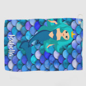 Mermaid princess blue paarse scale naam golfhanddoek (Horizontaal)