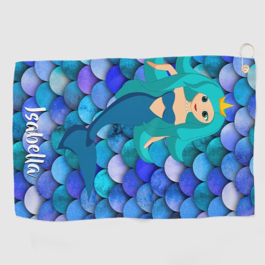 Mermaid princess blue paarse scale naam golfhanddoek (Horizontaal)