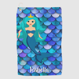 Mermaid princess blue paarse scale naam golfhanddoek