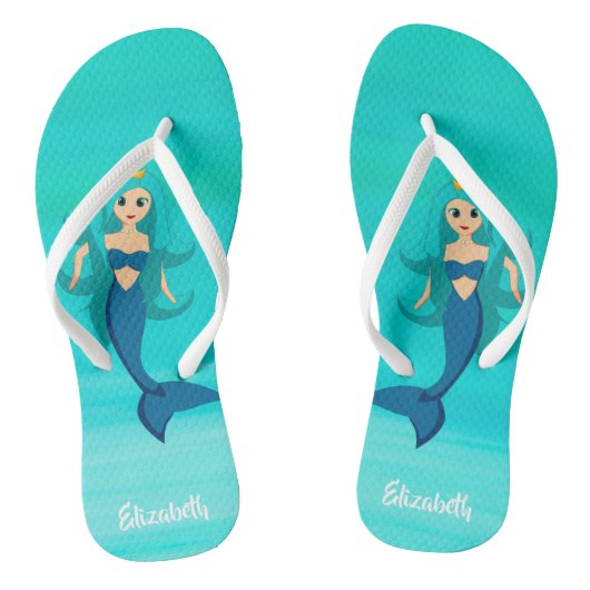 Mermaid princess on aquamarine oceaanwater teenslippers (Voetbed)