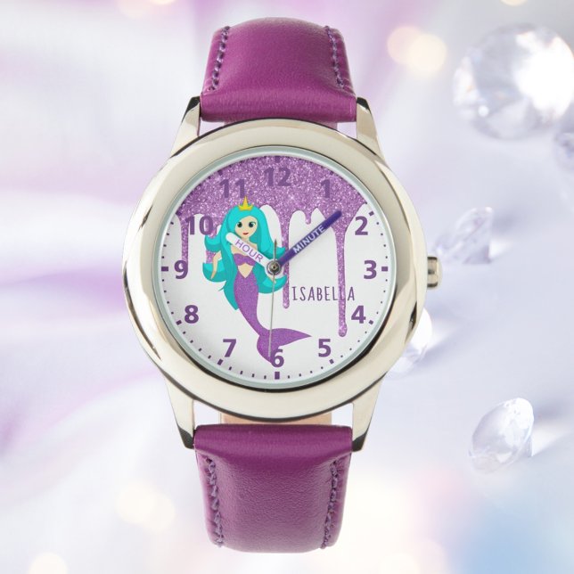 Mermaid princess white paars glitter druppelt naam horloge (Creator heeft geüpload)
