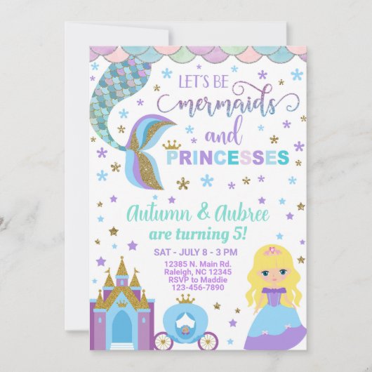 Mermaid & prinses meisjesverjaardagsuitnodiging. kaart (Voorkant)