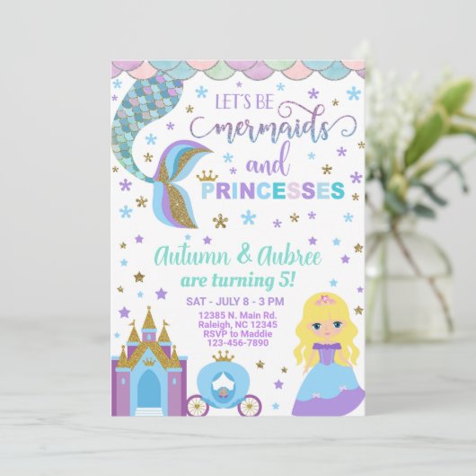 Mermaid & prinses meisjesverjaardagsuitnodiging. kaart (Staand voorkant)