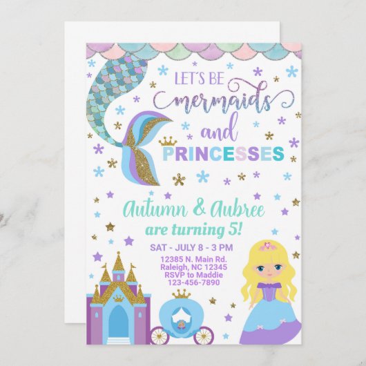 Mermaid & prinses meisjesverjaardagsuitnodiging. kaart (Voorkant / Achterkant)