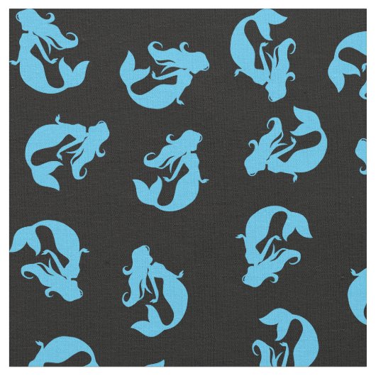 Mermaid Print Fabric Blue en Black Stof (Close Up)