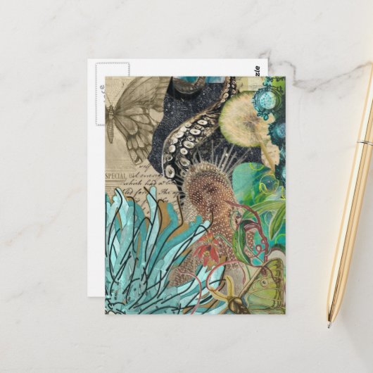 Mermaid Queen Mixed Media Collage Briefkaart (Voorkant / Achterkant in situ)