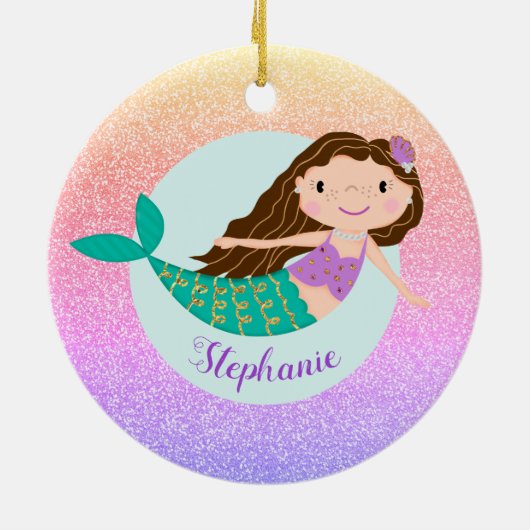 Mermaid Rainbow Glitter Persoonlijke naam Keramisch Ornament (Achterkant)