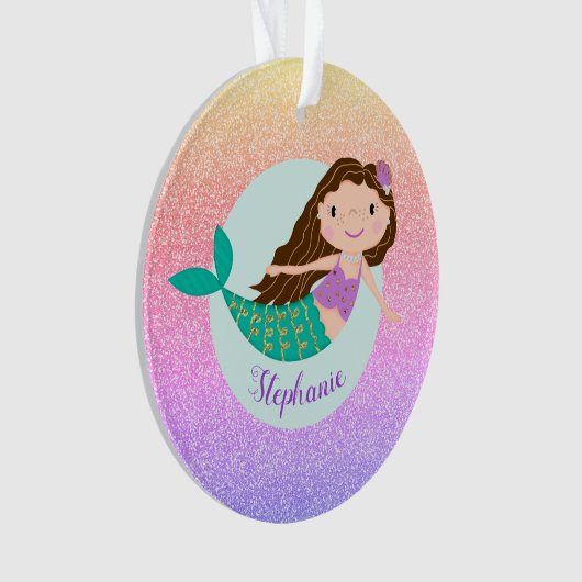 Mermaid Rainbow Glitter Persoonlijke naam Ornament (voorkant)