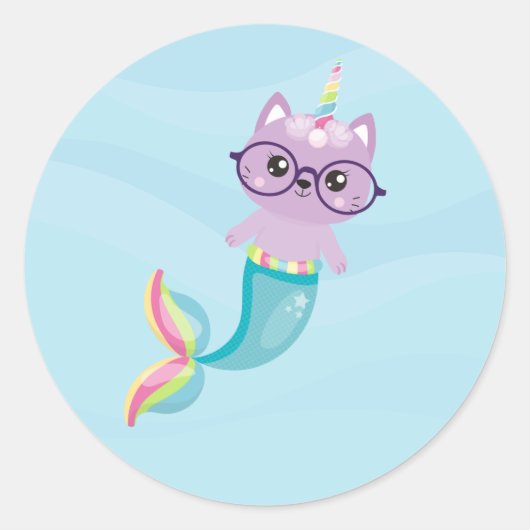 Mermaid Rainbow Unicorn Paars Cat Ronde Sticker (Voorkant)