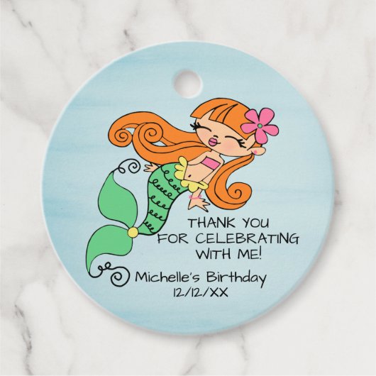 Mermaid Red Hair Favor Tag Bedankjes Labels (Voorkant)
