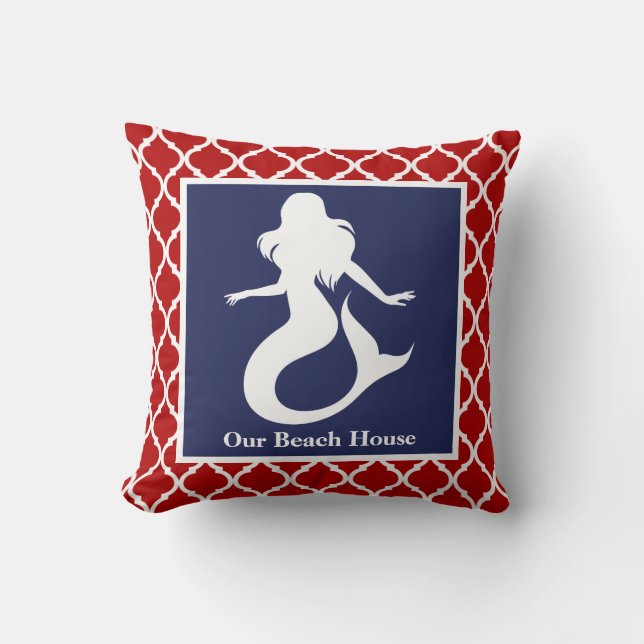 Mermaid Red White Blue Nautical Personalize Name Kussen (Voorkant)