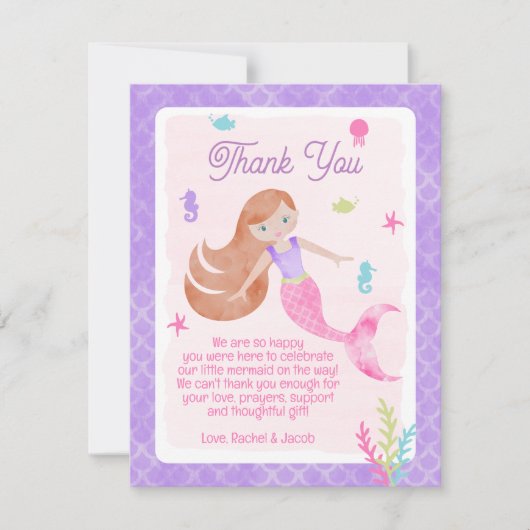 Mermaid Redhead Red Hair Waterverf Baby shower Bedankkaart (Voorkant)