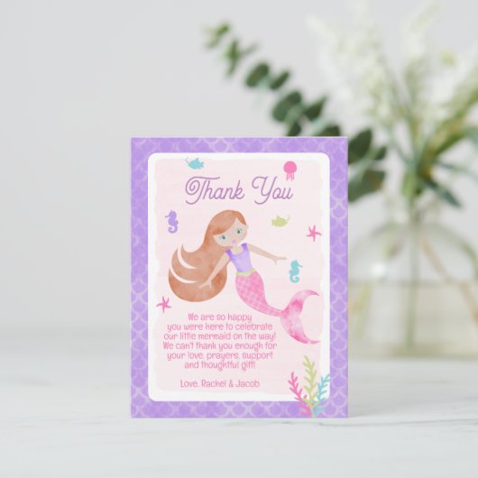 Mermaid Redhead Red Hair Waterverf Baby shower Bedankkaart (Staand voorkant)