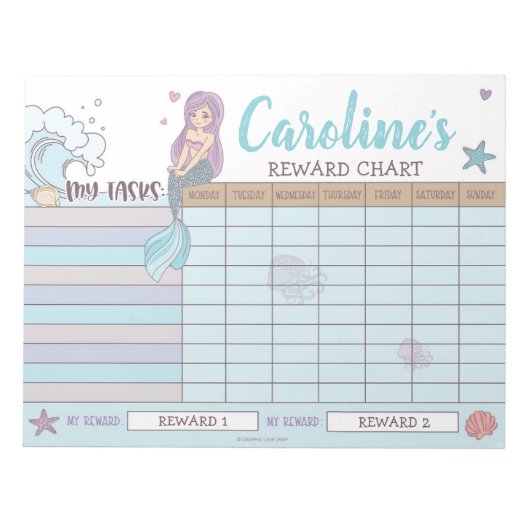 Mermaid Reward Chart Persoonlijke Naam & Taken Notitieblok (Voorkant)