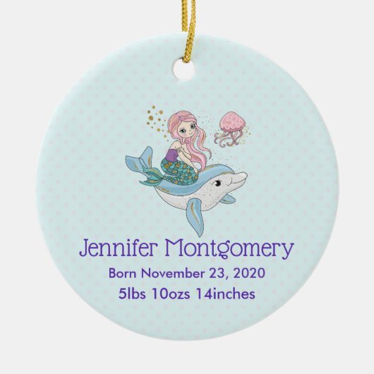 Mermaid Riding a Dolphin under the Zee Baby Birth Keramisch Ornament (Voorkant)