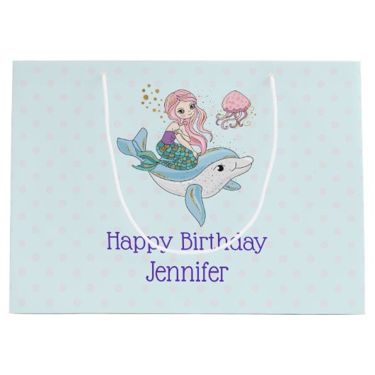 Mermaid Riding a Dolphin under the Zee Birthday Groot Cadeauzakje (Voorkant)