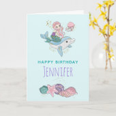 Mermaid Riding a Dolphin under the Zee Birthday Kaart (Gele Bloem)