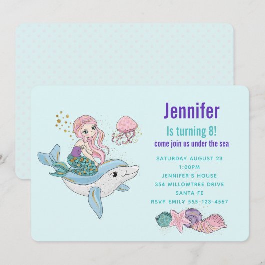 Mermaid Riding a Dolphin under the Zee Birthday Kaart (Voorkant / Achterkant)