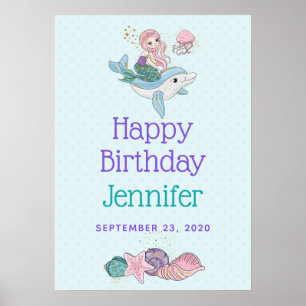 Mermaid Riding a Dolphin under the Zee Birthday Poster