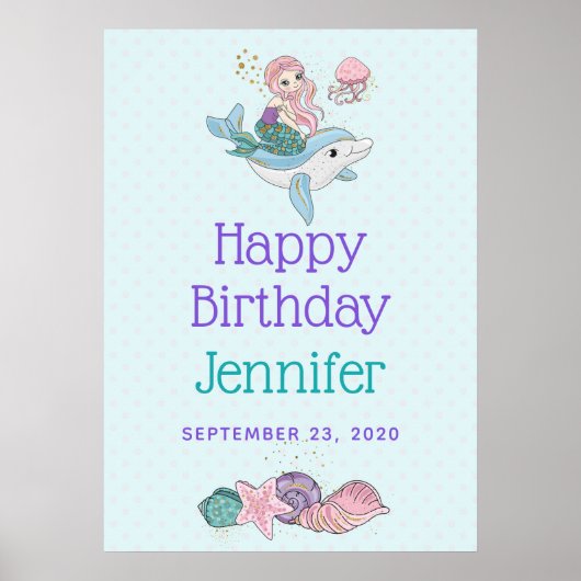 Mermaid Riding a Dolphin under the Zee Birthday Poster (Voorkant)