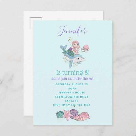 Mermaid Riding a Dolphin under the Zee Birthday Uitnodiging Briefkaart (Voorkant / Achterkant)
